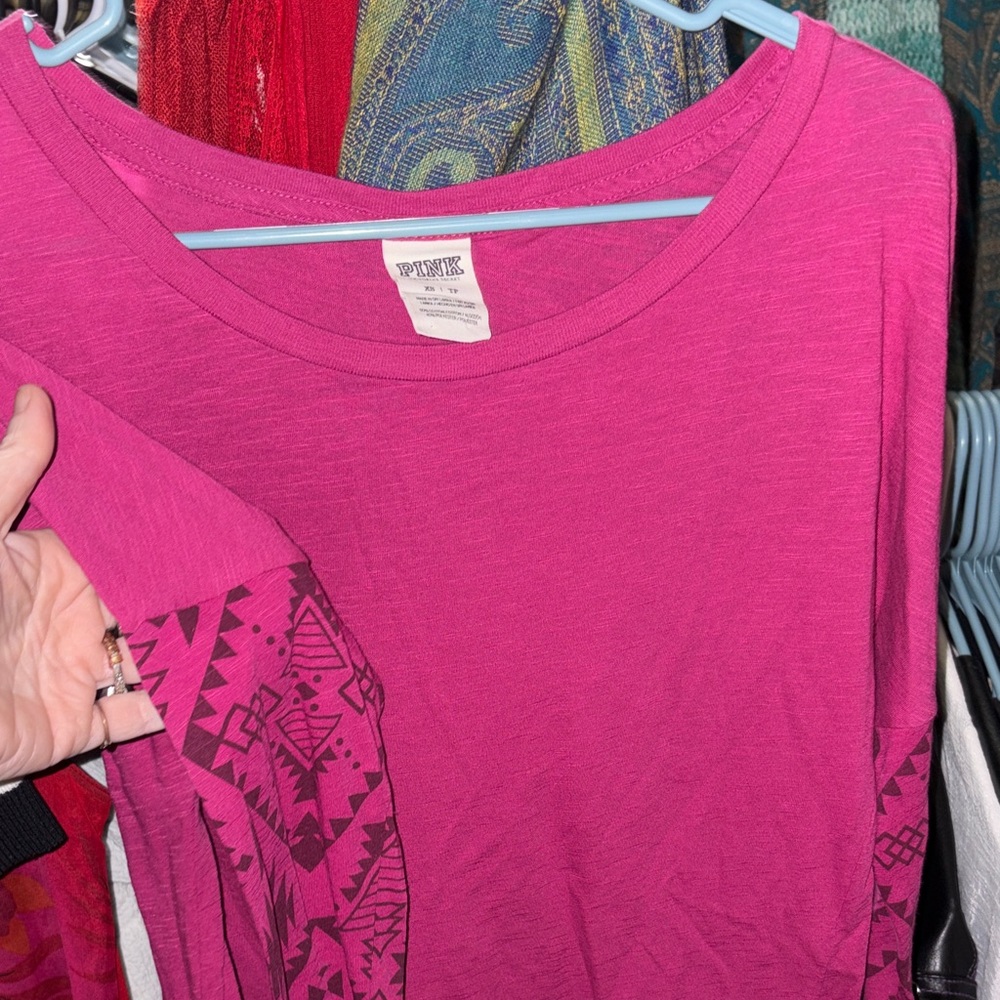 Victoria's Secret PINK Hot Pink Long Sleeve Top with Aztec Sleeve Print